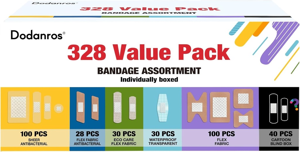 Variety Bandages Pack, 328ct Asdied Bulk Různé velikosti, Tvary a funkce CARLIES 124; Sheer & Flex Fabric s benzalkoniem, ECO Bamboo Fabric, vodotěsné, Cartoon Blind Box Fragrance Obvazy
