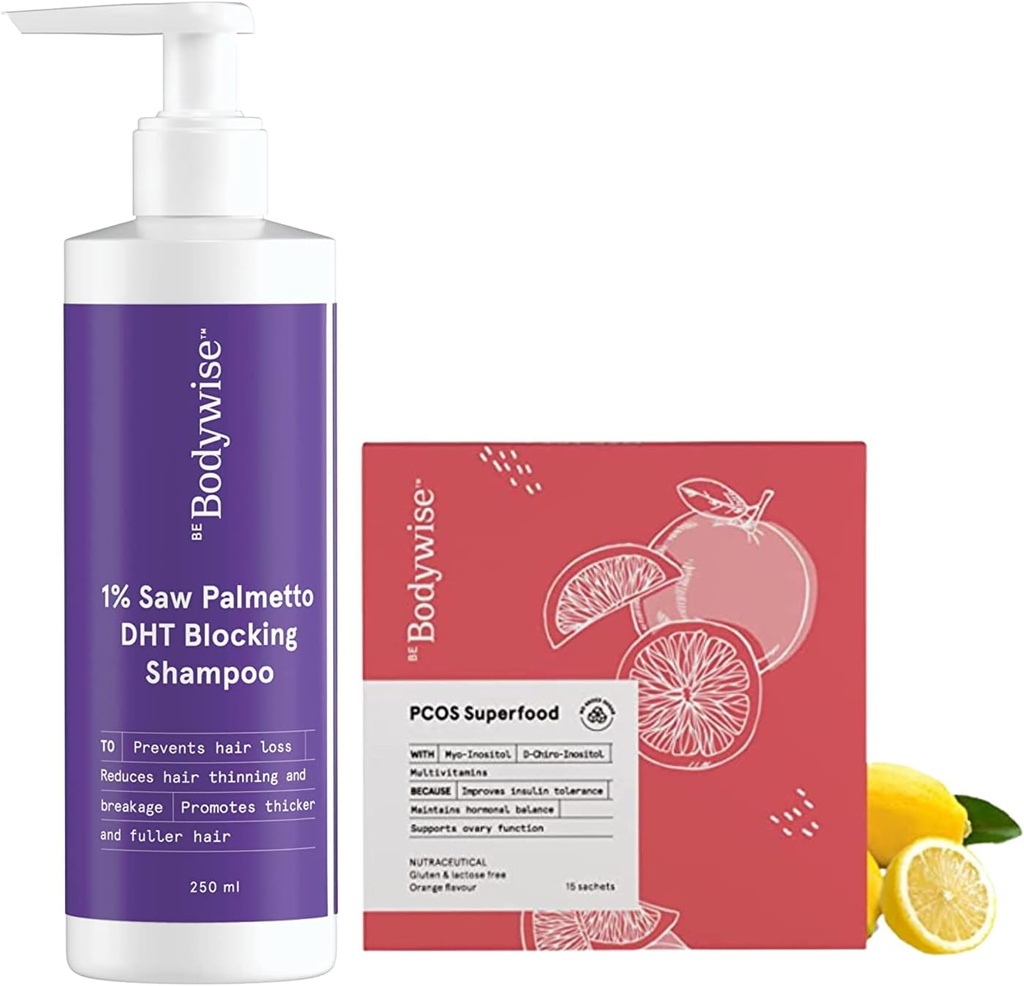 Metrol Be Bodywise PCOS Superfood 15 Sachets a 1% Saw Palmetto DHT Blokování šampon pro ženy 250 ml 124; 100% Vegetarian currency 124; Paraben & Sulfath zdarma 124; Žádné vedlejší účinky