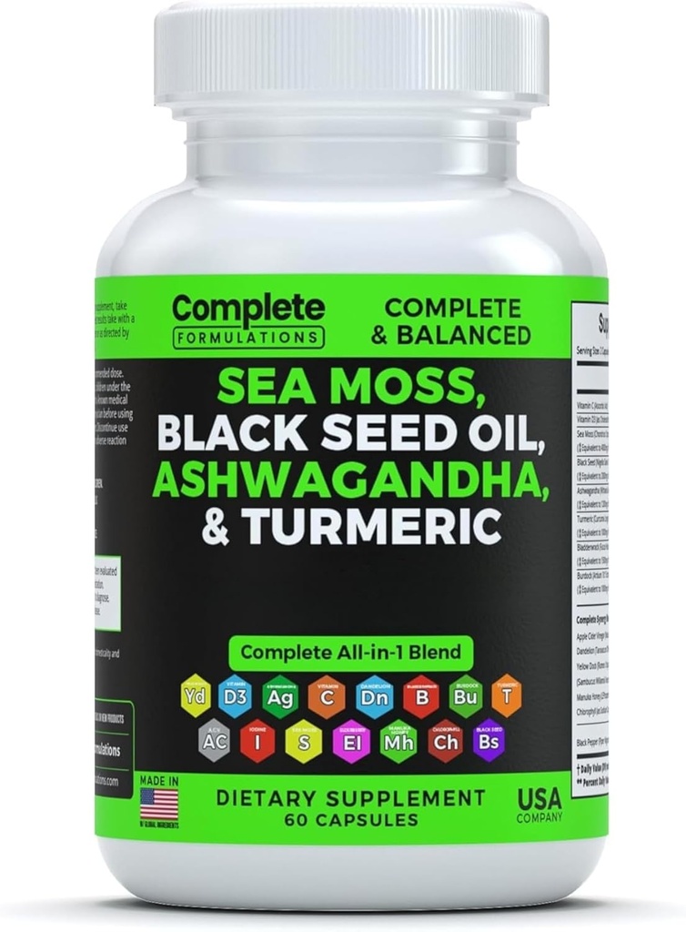 Mos Moss dodatek Směs s Black Seed Oil Ashwagandha Turmeric Bladderwrack, Burdock & Vitamin C & D3 s Elderberry Manuka Dandelion Žlutý dock jód