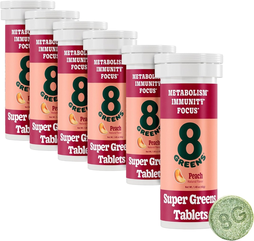 8Zelené Supergreens Tablety LAN 124; Super Zelené Powder Superfood, Metabolismus imunita & Focus, Denní Zelené Effervescent Tablety, Organic: Aloe Vera, Spirulina, Chlorella, Peach, Tube 60 Servings.