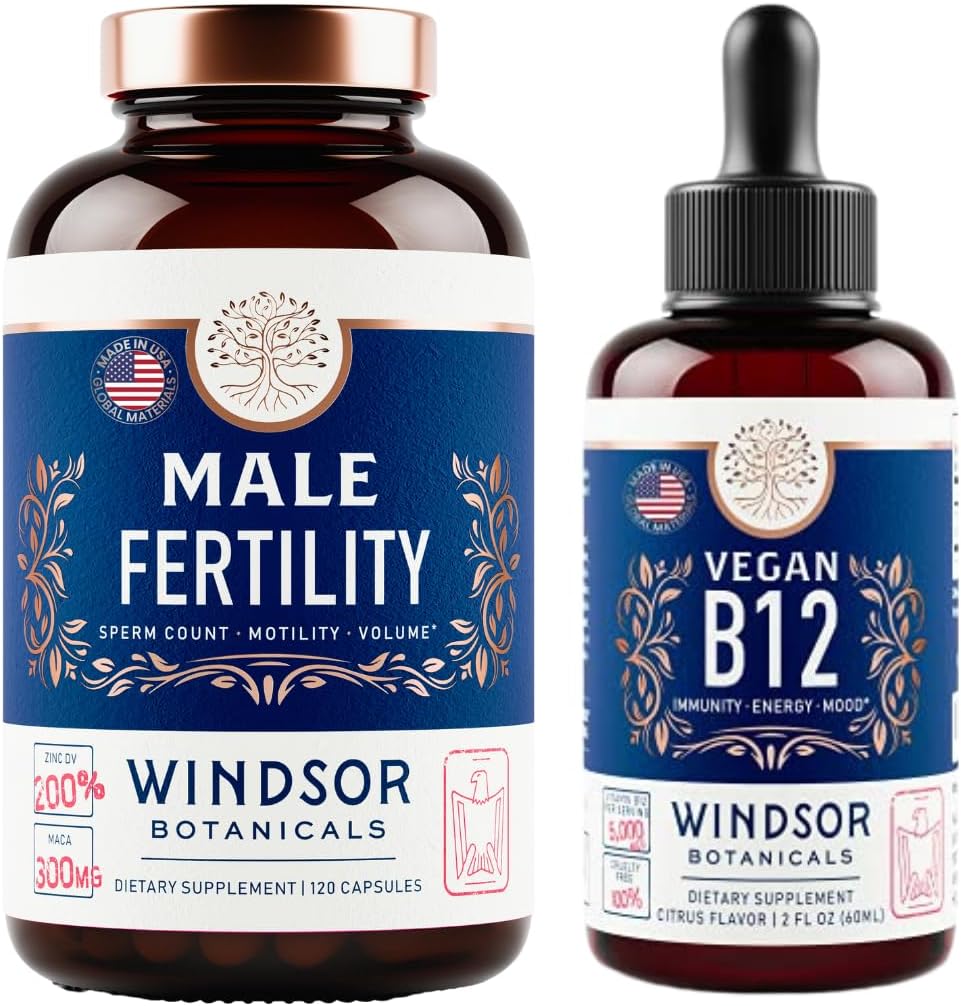 WINDSOR BOTANICALS Vegan vitamin B12 a mužský doplněk plodnosti s Maca Root - Energetika a plodnost Bundle
