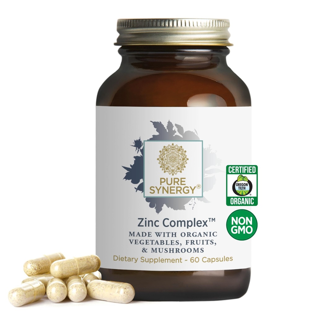 PURE SYNERGY Zinkový komplex 124; Imunitní podpora dodatek 124; Přírodní, Vegan zink komplex s vitaminem C a organické celé potraviny 124; pro imunitní, mozek a zdraví kůže (60 Kapsle)