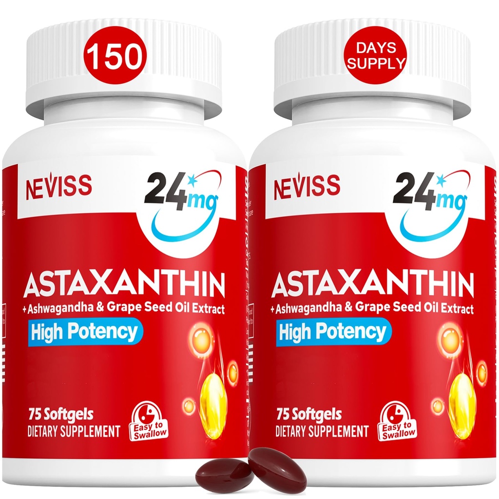 Astaxanthin Dodatky 24 mg, 5 měsíční dodávka - Kokosový MCT Olej, čerstvé mikrořasy Zdroj w / Grape Seed Oil, Ashwagandha - Antioxidanty pro zdravou pleť, oči, stárnutí - Non- GMO & gluten zdarma, 150 Softgels
