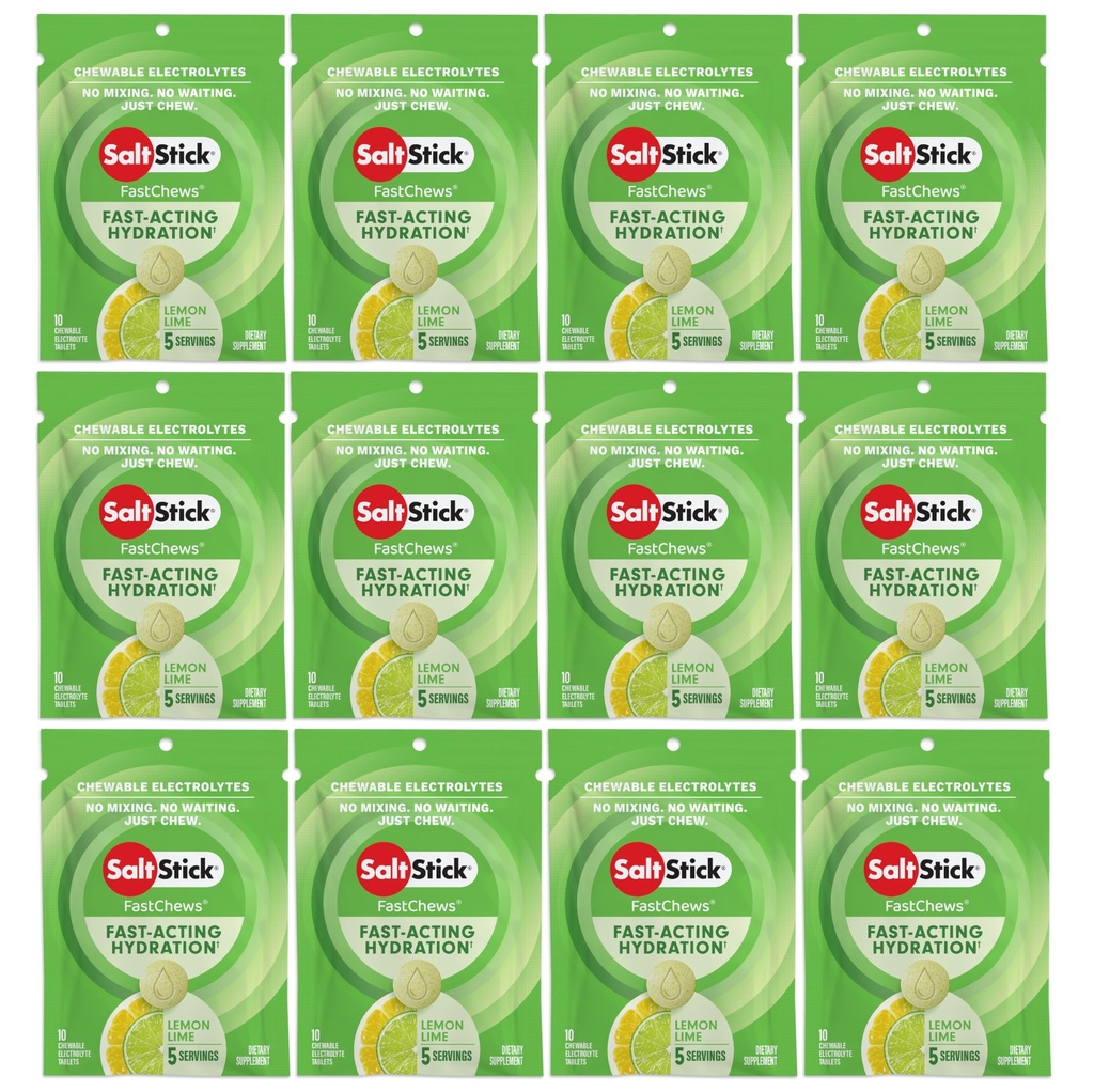 SaltStick Electrolyte FastChews Žvýkací tablety, Lemon Lime, 120 počet, 12 balení po 10 tabletách každý