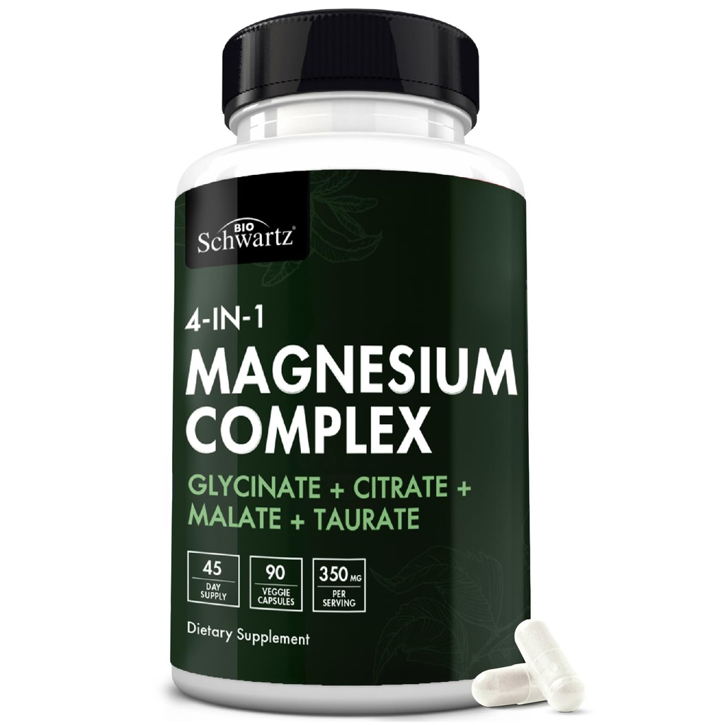 BioSchwartz Magnesium Complex Supplement (90 Kapsle) 350mg Magnesium Glycinát Citrát Malate and Taurate Per Serving for Heald Nerves Muscles Heart Sleep Support (Vegan, Gluten- Free, Non- GMO)