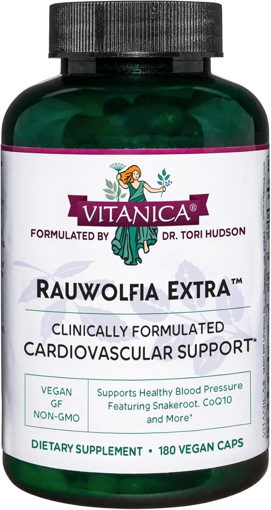 Vitanica Rauwolfia Extra - Příplatek na srdeční zdraví - Podporuje krevní tlak již v rámci zdravého dosahu - Příplatek s hořčíkem, CoQ10 & Snakeroot - 180 Veganské Caps