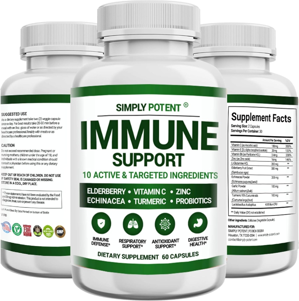 Imunitní podpůrný dodatek, 10 v 1 Imunity Booster Směs Elderberry, Vitamin C, Zinek, Echinacea, Kurkuma, Probiotika a antioxidanty pro imunitní obranu, Respirační a trávicí zdraví, 60 pilulky