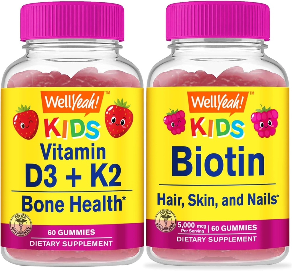 WellYeah Vitamin D3 + K2 Děti + Biotin Děti, Gummies Bundle - Velký přípitek, doplněk vitamínu, gluten zdarma, GMO zdarma, Žvýkací žlab