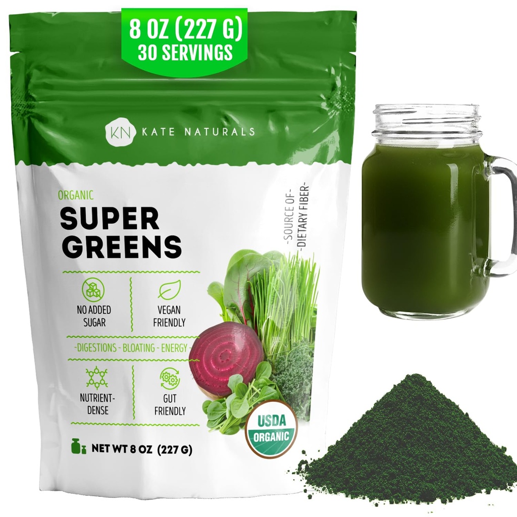Kate Naturals Organic Super Green Powder. Denní zeleně Superfood Směs s probiotika & Vláknina pro Smoothies a Juice (30 Servings, 8oz, přírodní)