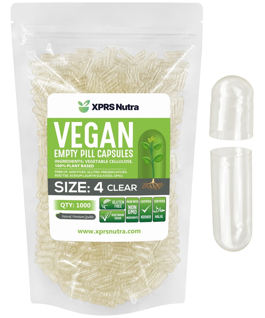 XPRS Nutra Velikost 4 Prázdné kapsle - 1000 Počet malých čiré prázdné veganské kapsle - Vegetariánské pilulky - DIY Zeleninové kapsle Plnicí - Vyplnitelné Do- It- Vaše Veggie Caps pro doplňky