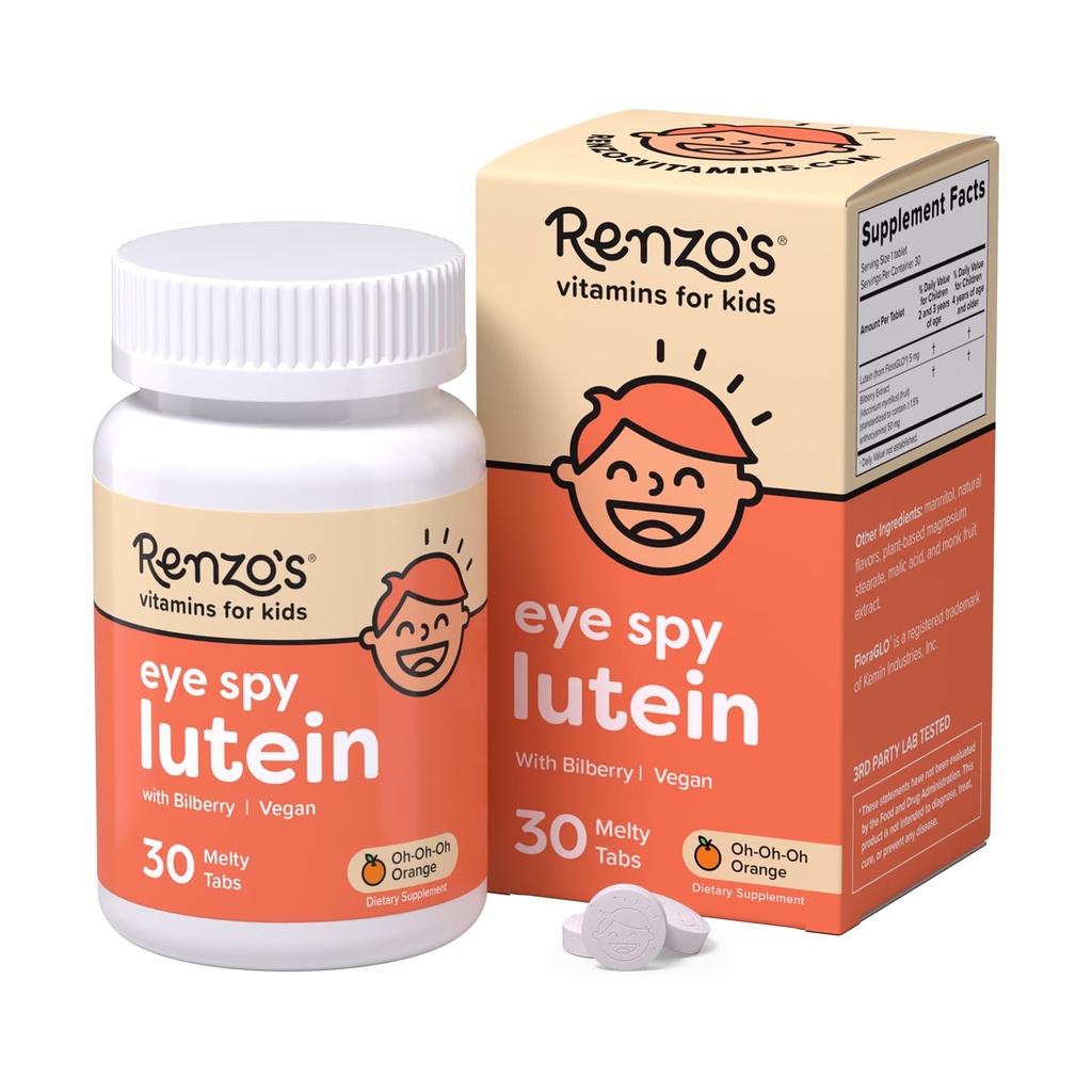 Renzo oko Spy Lutein s Bilberry Extract, Rozpustné dětské vitamíny pro oční zdraví, Sugar- zdarma doplňky, 30 Orange- ochucené tabs