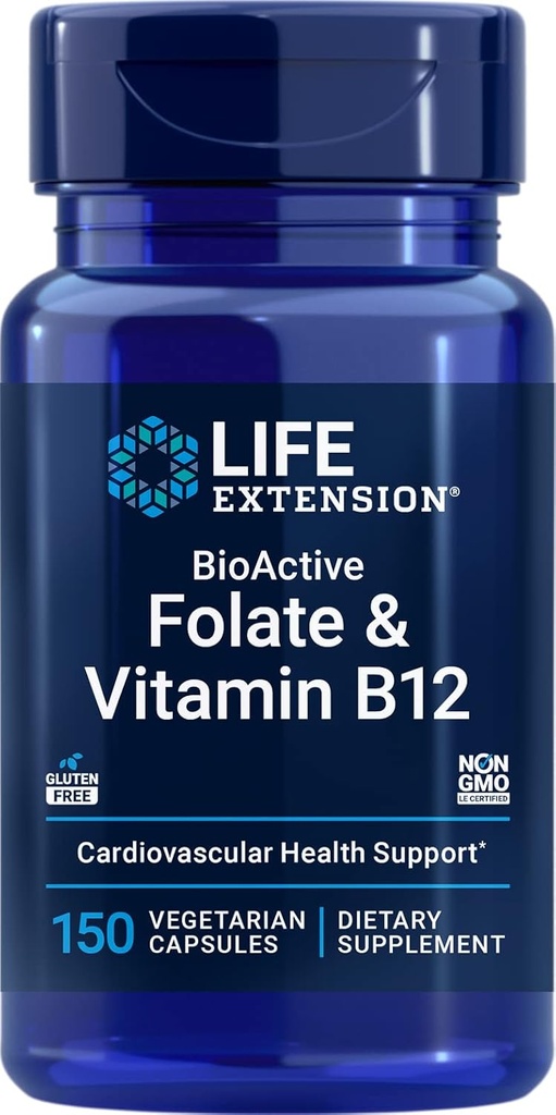 Life Extension BioActive Folate & Vitamin B12, 150 Vegetariánské kapsle - Non GMO, gluten zdarma dodatek