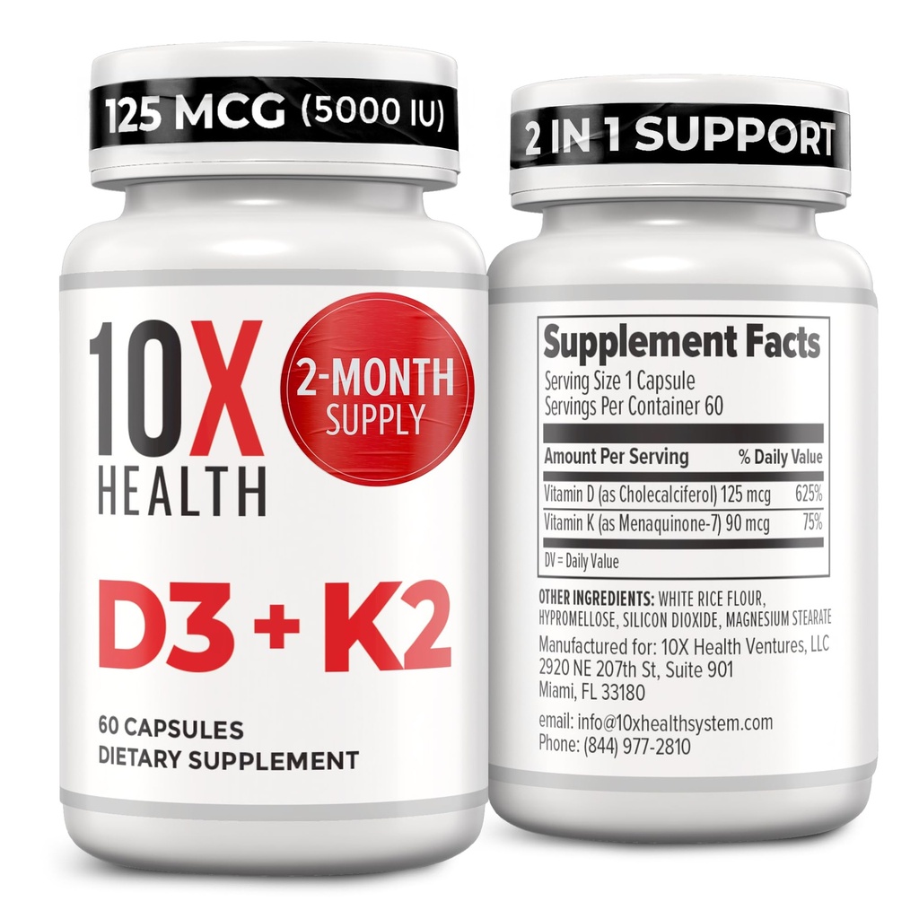 10X Zdravotní vitamin D3 5000 IU & K2 MK7 - Menachinon 7, high- potency D3 K2 Vitamin dodatek pro kostní zdraví, srdce a zuby - 125 mcg vitamin D & 90 mcg vitamin K2- 60 Kapsle