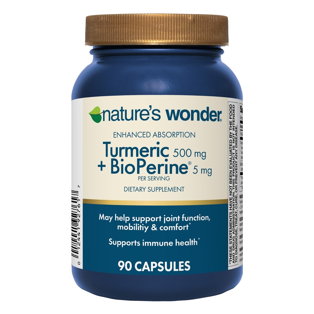 Přírodní Wonder Turmeric dodatek s BioPerine - Vylepšená absorpce Turmeric Complex 500mg s BioPerine 5mg pro společnou funkci, mobilitu a komfort, 90 Vegetariánské turmerické kapsle