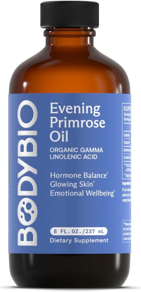 BodyBio Večerní Primrose Oil - Přírodní kyselina gama linolenová pro zdravou pleť & Hormon Balance - Non- GMO, Studená lisovaná - 8oz
