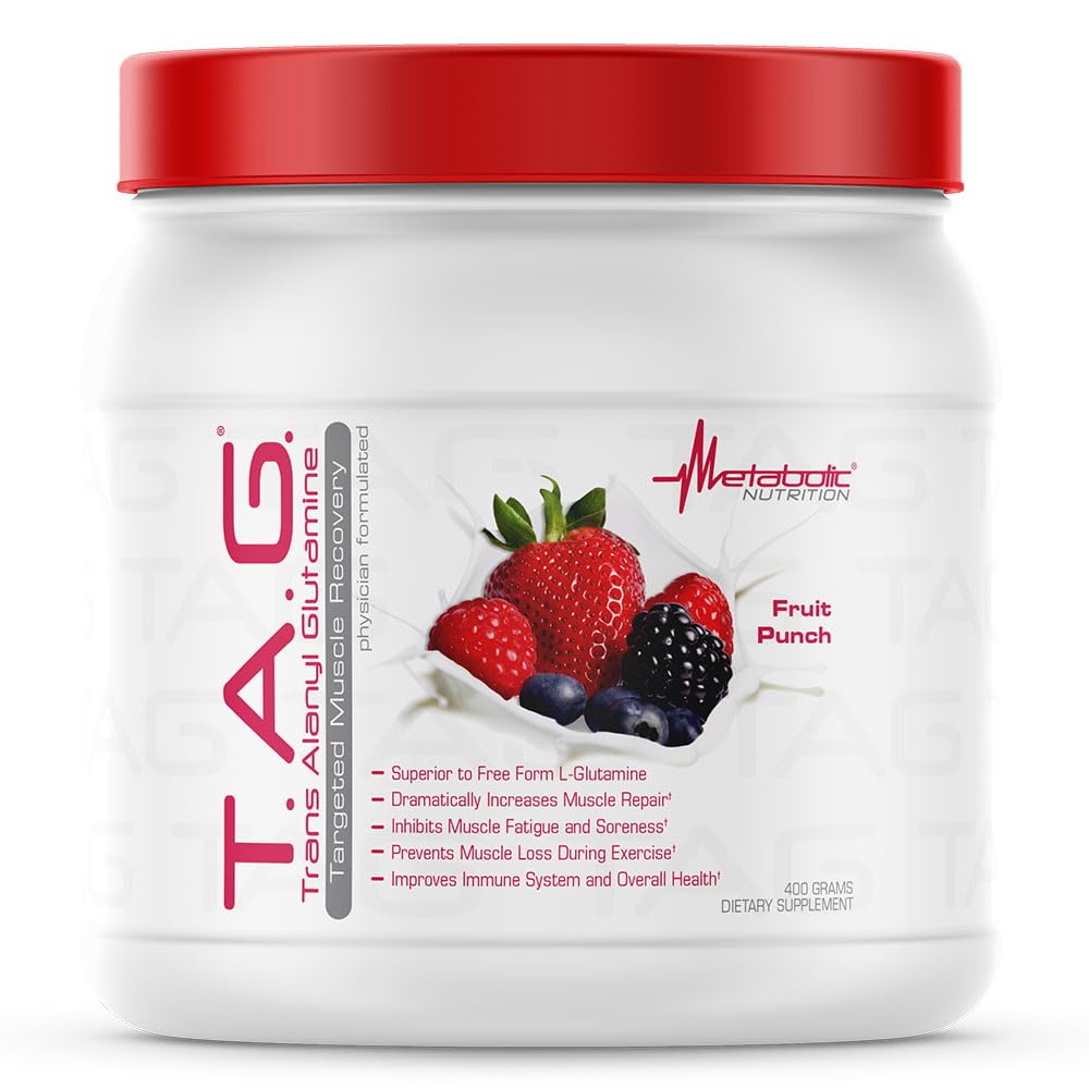 Metabolická výživa, TAG, Trans Alanyl glutamin, 100% L- glutamin Peptid Powder, Pre Intra Post Workout Dodatek, 400 Grams (40 Serings) (Ovocný punč)