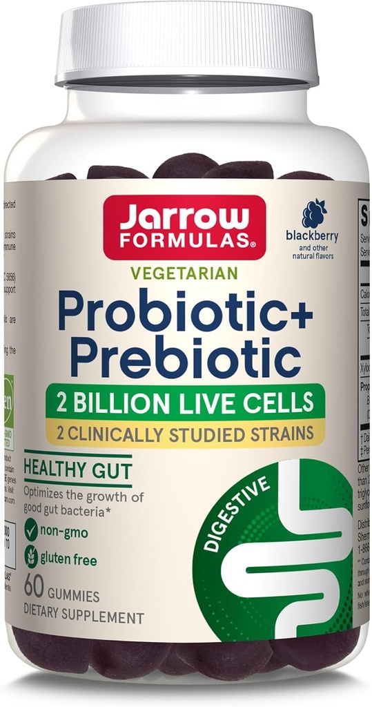 Jarrow Diplomas Probiotic + Prebiotic Dietní dodatek, Digestivní zdraví, Gut Flora + Imunitní zdraví - 2 biliony CFU - 2 Klinicky studované Strany - 60 Gummies - Blackberry Flavor