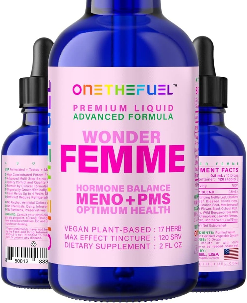 Wonder Femme Plant- based Hormon Balance Menopauza Hot Flashes Relief Support 100% Natural 17 Bylinné ženy Estrogen Zdravotní dodatek Dong Quai Vitex + Fast Absorb tinktura 2 oz. Tekuté