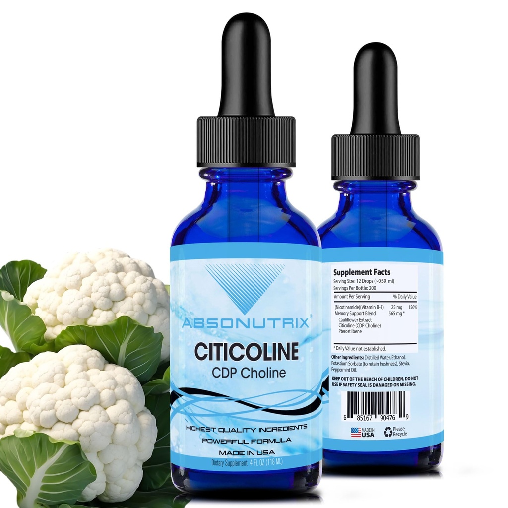 Absonutrix Citicoline 590 mg, 4 Oz Lahvička, 200 Servings, Made in USA, Quick Absorpce, Quality potent Ingredients, Non- GMO, GMP Certified, Cruelty- zdarma produkty