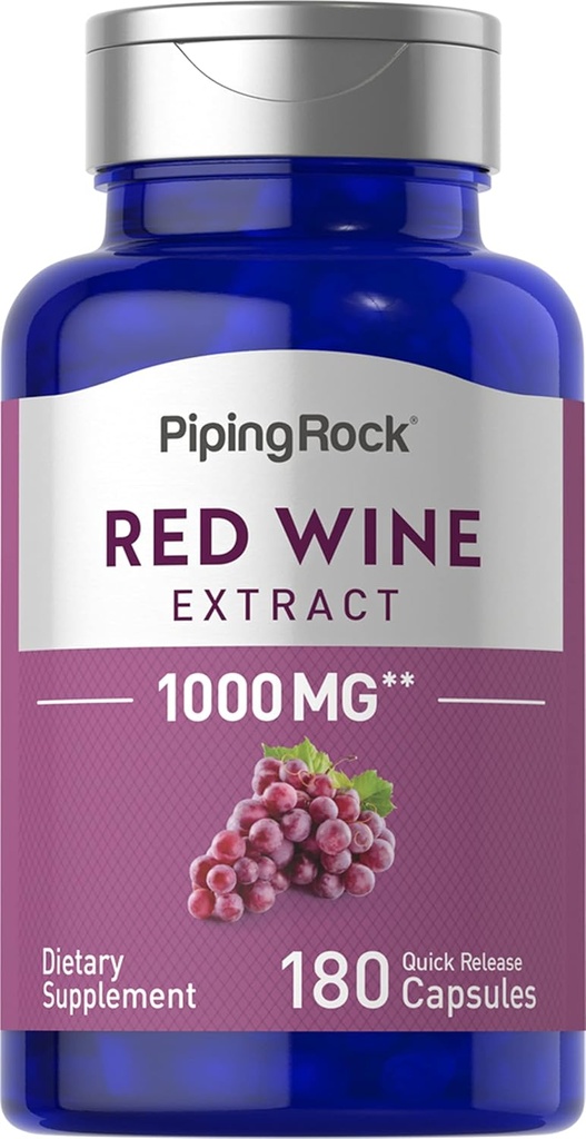 Piping Rock Red Wine Extract Capsules 1000mg CLAS124; 180 Count CLAS124; Non- GMO, gluten zdarma dodatek