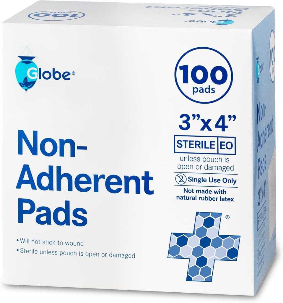 Globe Advanced Sterile Non- Adherent Pads CLAS124; 100- Pack, 3 "x 4" CLAS124; Non- Adhesive Wound Dressing CLAS124; Vysoce absorbent & Non- Stick, Bezbolestný removal- Switch 124; Individuálně zabalené pro Extra Protection (3 x 4)