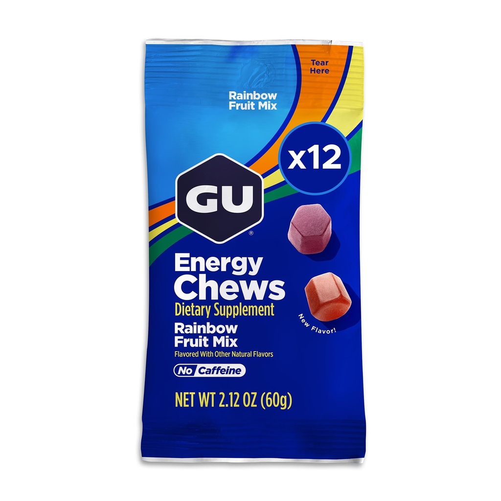 GU Energy Chews, Rainbow Mix Energy Gummies with Electrolytes, Dairy- Free, On- The- Be- Energy for any Workout, 12 sáčků (24 Služeb celkem)