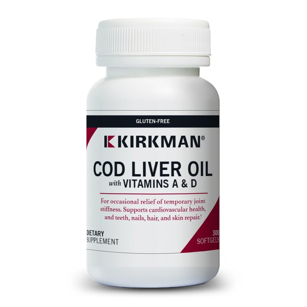 Kirkman - Cod Jaterní olej s vitaminem A & D - 300 Softgels - Esenciální mastné kyseliny - Podporuje základní zdraví - hypoalergenní