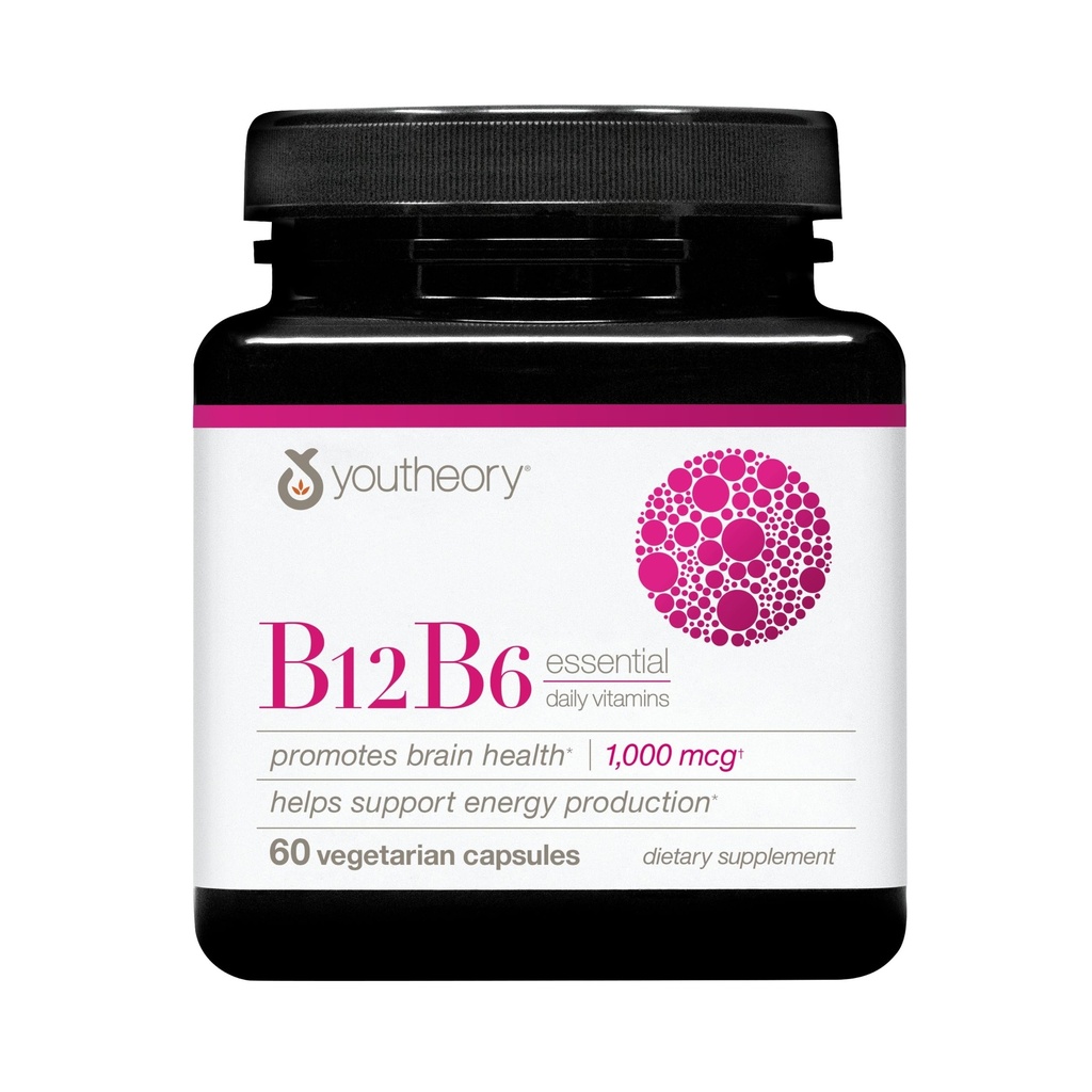 Youtheory B12B6 - Vegan Vitamin B6 & Vitamin B12 - Nabízí Brain Health, Energy & Imunity Support * - Mléčné, Soy & Gluten Free - 60 Vegetariánské kapsle