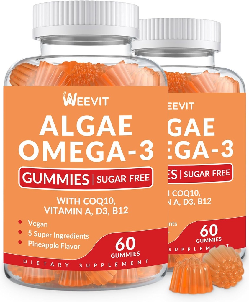 Vegan Omega 3 Gummies, Řasy Omega33 dodatek DHA 240mg, EPA 110mg w / vitamín B12, CoQ10, Rybí olej Alternative pro dospělé - Mozek, Kost, Oko & Imunita Podpora