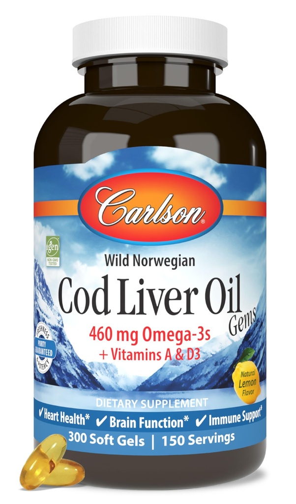 Karlson - Cod Jaterní olej, 460 mg Omega-3s + vitaminy A & D3, Wild-Catched Norsky Arctic Cod- Jaterní olej, Udržitelně sourced Nordic Fish Oil Capsules, Lemon, 300 Softgels