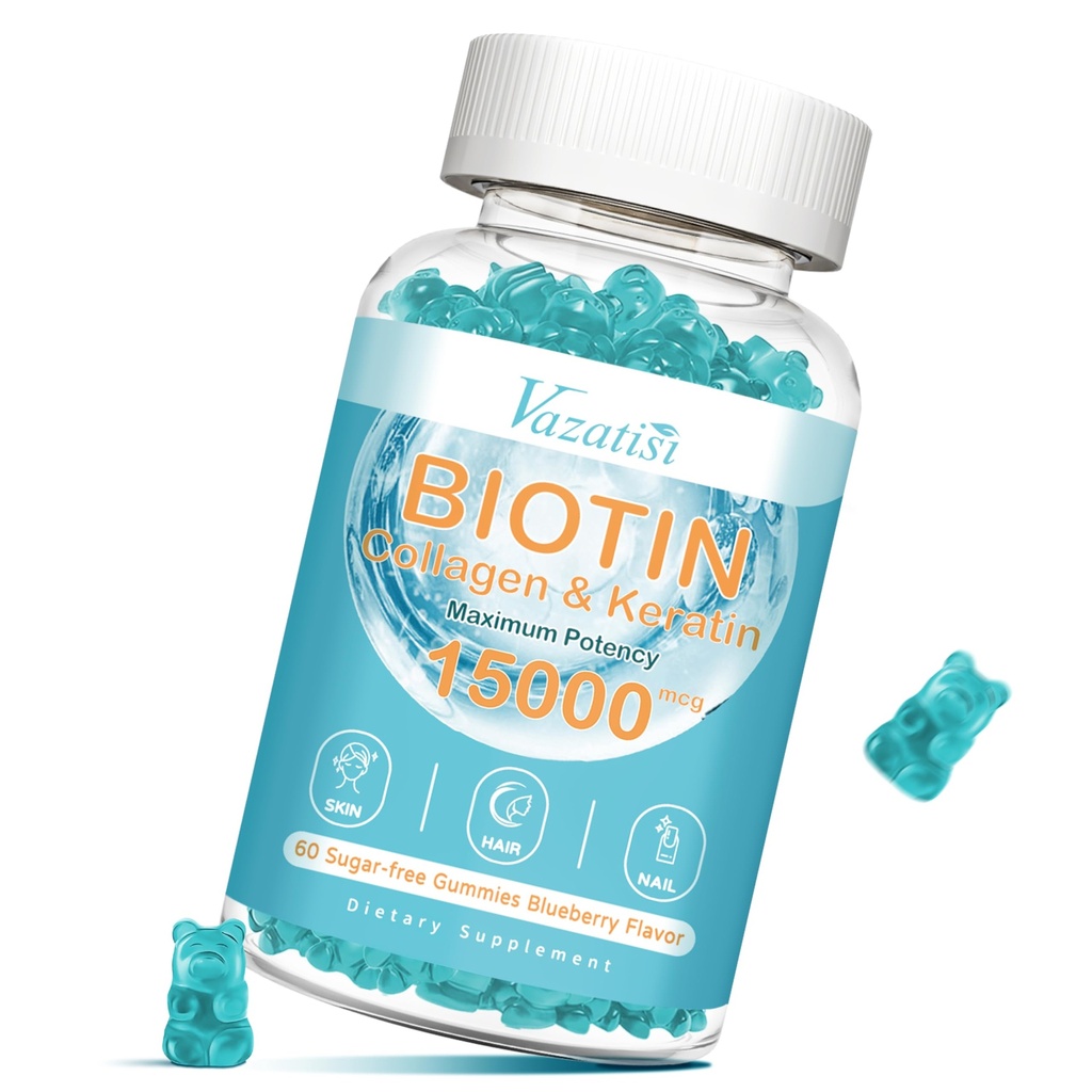 Biologická a kolagenová gumička s B12, Vlasová kůže a nehty Vitamíny pro růst vlasů, Žhavé kůže a silné nehty - Borůvkový Flavor, Cukr zdarma, 60 Ct