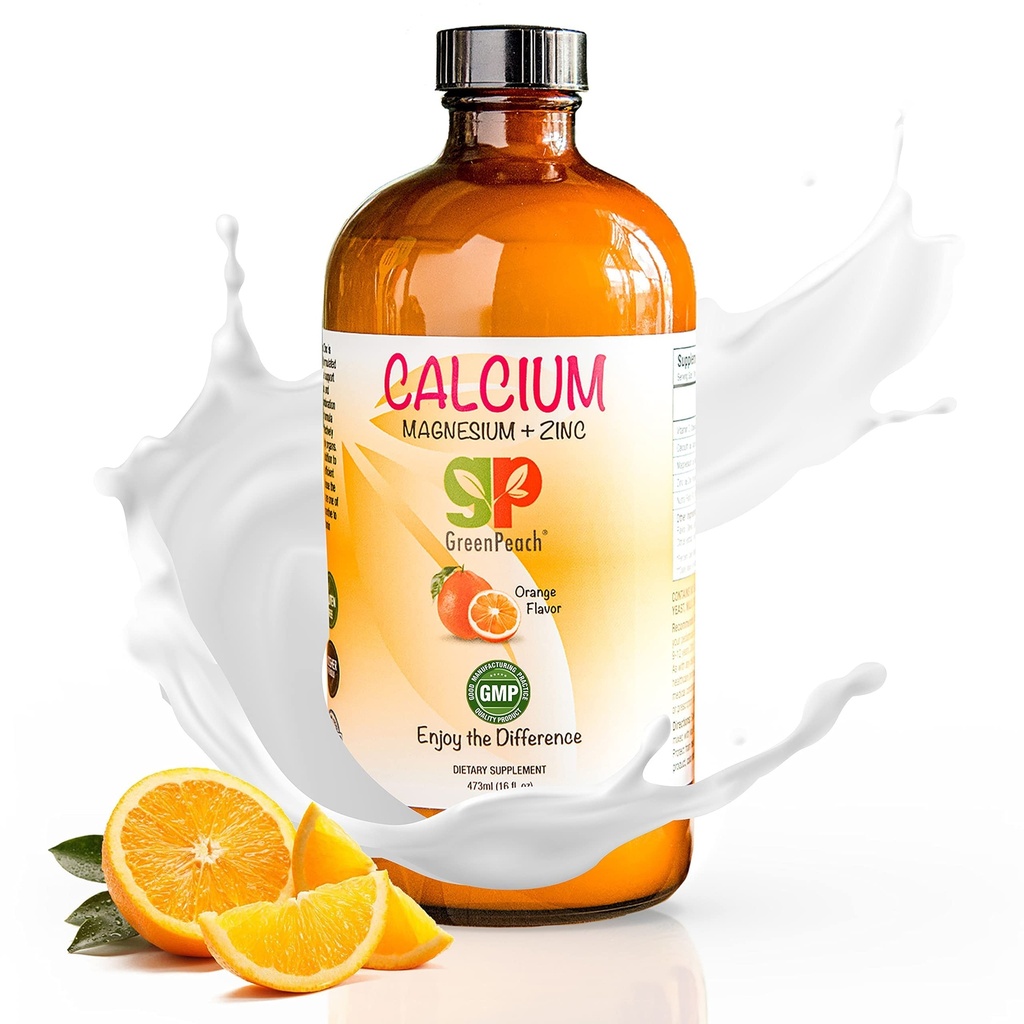 GreenPeach Organic Liquid Calcium for Kids - hořčík, zinek, citronan vápenatý a vitamín D3 Calming Sirup & Liquid Calcium Supplemente, NO Cukr NO Umělé příchutě, Vegetariánské Halal Kosher