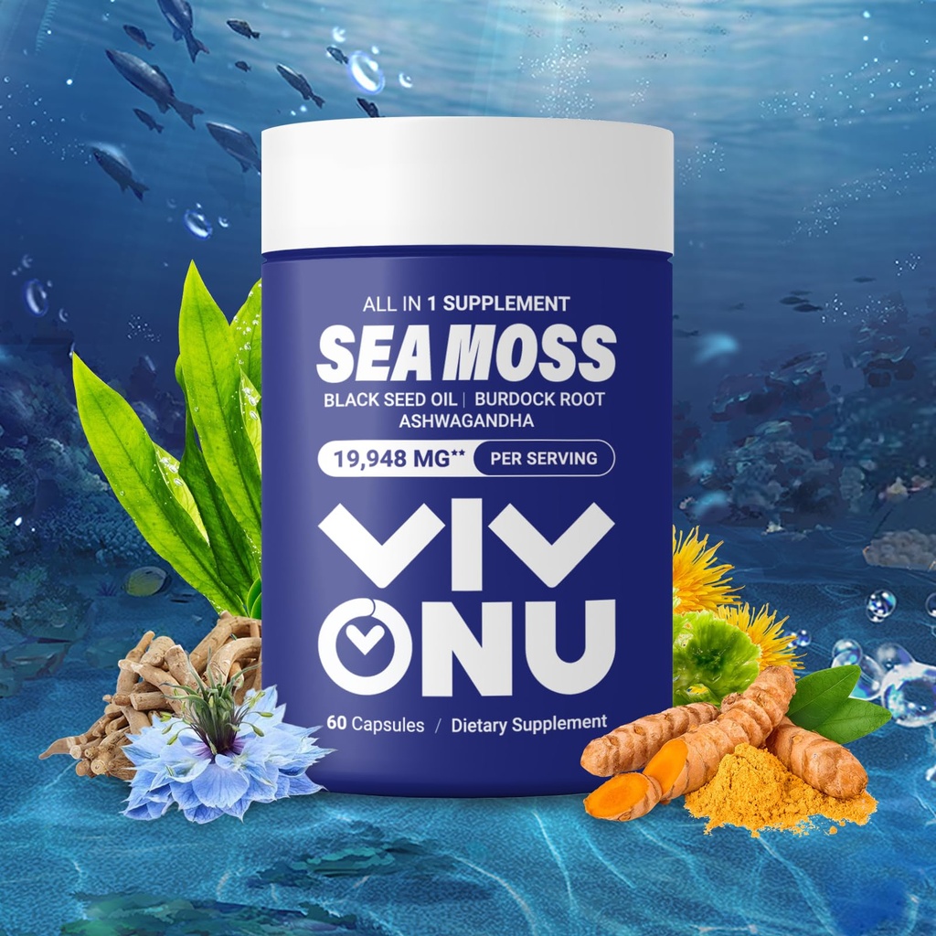 Sea Moss Black Seed Oil Ashwagandha Shilajit Ginger- Sea Moss Kapsle s Burdock Turmeric Vitamíny C & D3 Elderberry Ginger ACV Manuka Dandelion -imunitní systém, kůže, energie