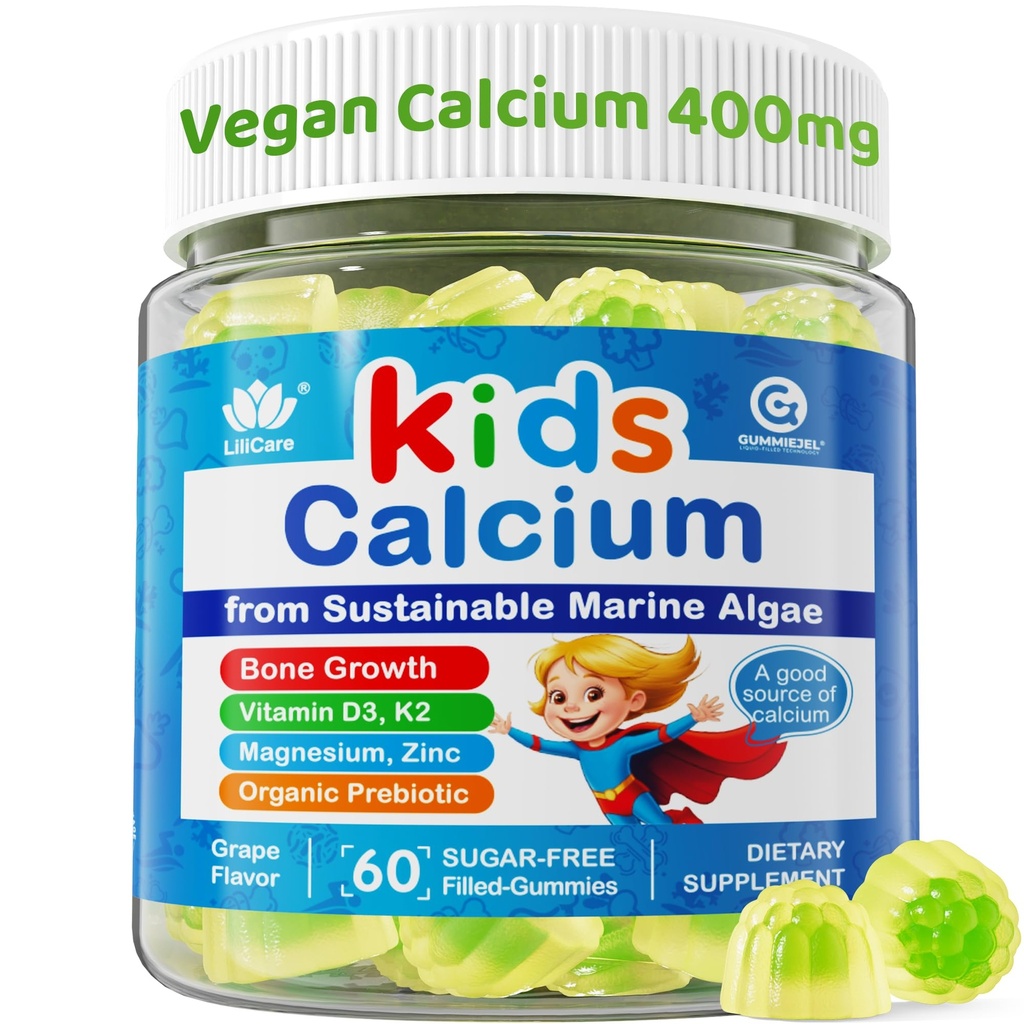 Děti vápníkové gumy + vitamin D3 K2, hořčík, zinek, extra absorpční řasy doplněk vápníku pro děti Jemně na žaludek, kosti, zuby, svalovina, mozek, cukr zdarma žvýkací děti vitaminy 4 +, 60