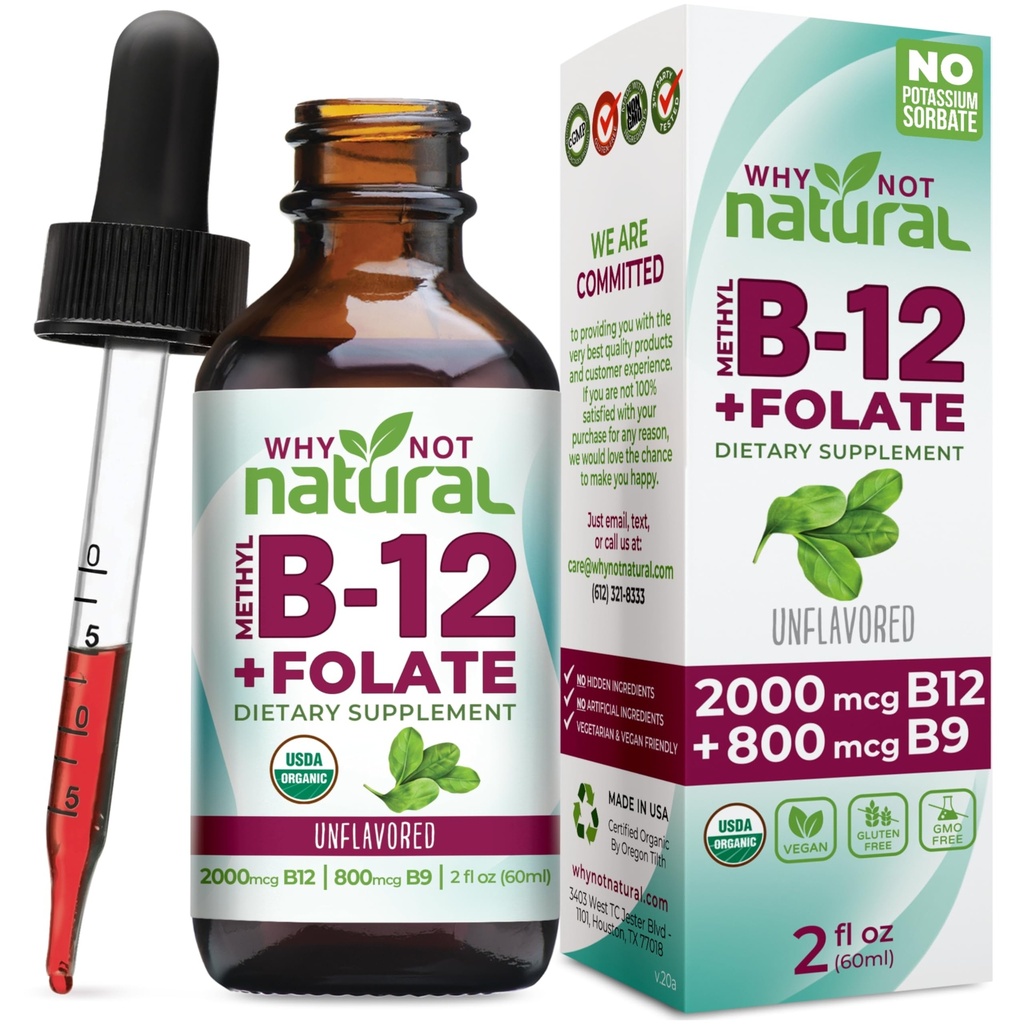 Proč ne přírodní vitamín B12 Liquid Plus Folát - Organic Sublingual Extra Strength Vegan Drops - Methyl doplněk s folicinem