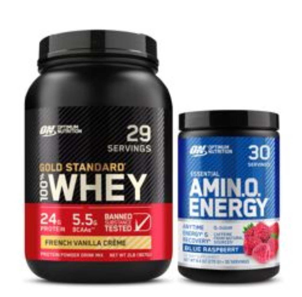Optimum Nutrition Dynamic Duo Bundle: Amino Energy, Blue Raspberry (30 Servings) a Gold Standard 100% syrovátkový protein Powder, French Vanilla Creme (29 Servings)