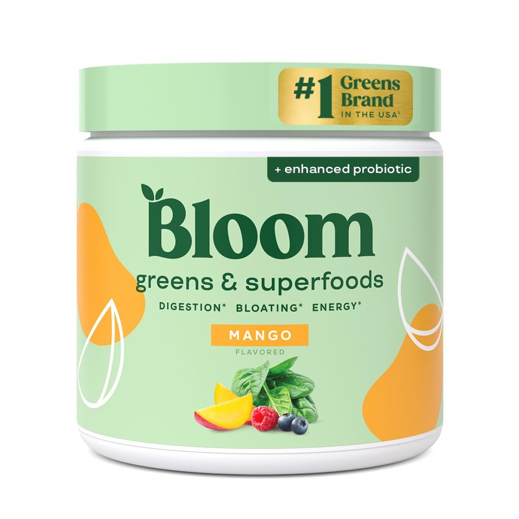 Bloom Nutrition Superfood Green Powder, trávicí enzymy s probiotika a prebiotika, Gut Health, Bloating Relief pro ženy, Chlorella, Green Juice Mix s řepou kořenový prášek, 30 SVG, Mango