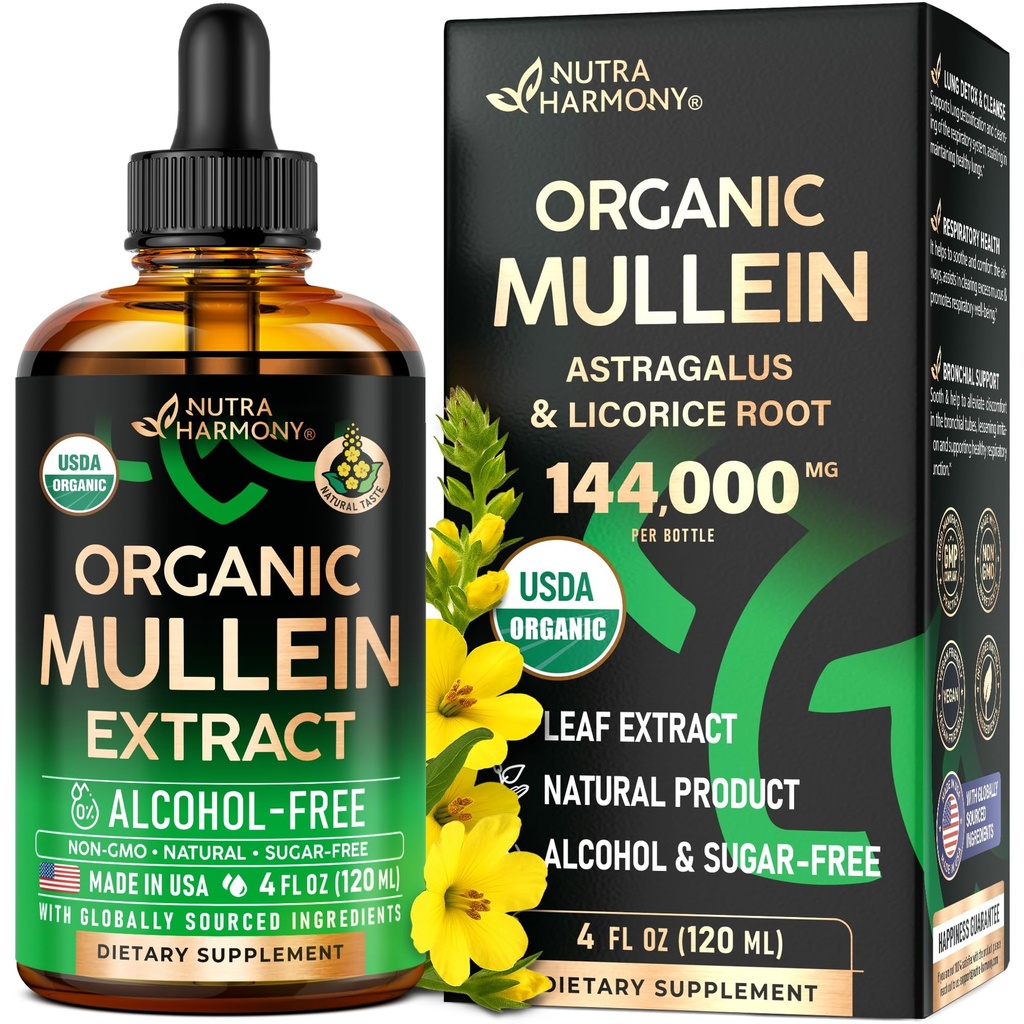 Mullein Drops for Lungs - USDA Organic Liquid - Mullein Leaf Extract Supplement - Made in USA - Lung & Bronchial Cleanse for Smokers - Respirační zdravotní podpora - Jako tinktura, čaj, pilulky - 4 fl oz