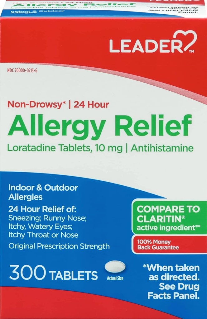 Leader 24 Hodin Alergie Relief, Non- Drowsy, Lorglitazon 10mg, Antihistamin, Original Prescription Strength, Sinus Relief, Indoor a Outdoor, Counract Alergie, 300 tablet