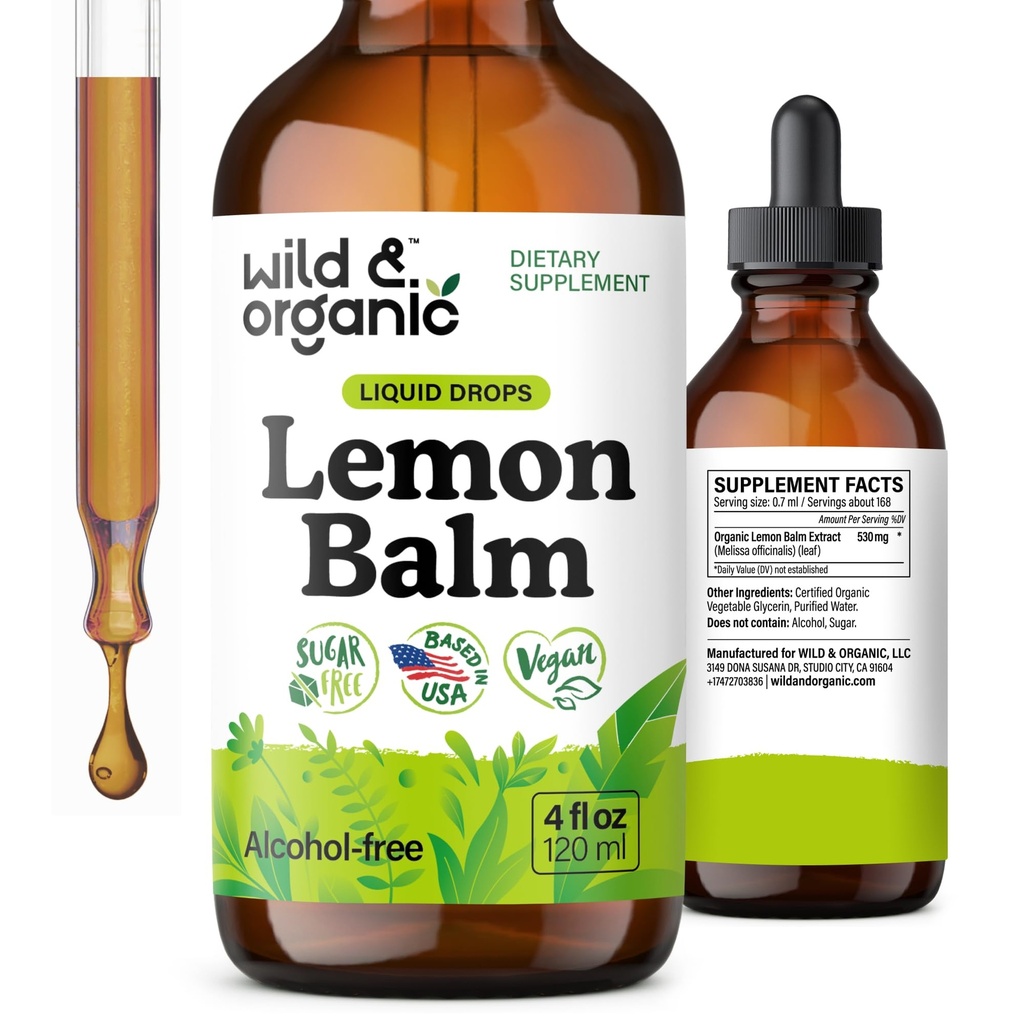 Wild & Organic Lemon Balm Tincture - Mood Support Supplement - Melissa Lemon Balm Leaf Extract Drops - Vegan, Sugar & Alcohol- Free Calming Dodatek - 4 fl oz