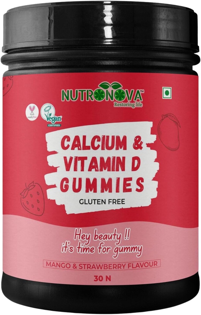 Generic Rise. Vápník a vitamín D Veganské gumy pro ženy (30 Žvýkačky, Mango & Jahodová příchuť), obohacené vitamínem D 200IU a vápník pro silné zuby a kosti, Nautrální