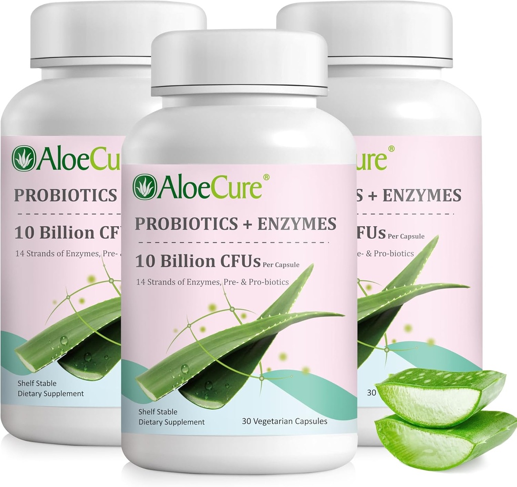 AloeCure Daily Probiotics 10 Billion CFU pro stravitelnou podporu 8 Stravovacích šňůr, 6 Prebiotika & Enzymy - Dědiční dodatek s Bromelain pro ženy a muže - Gut Support, Digestive Relief, 30 Caps x 3btls