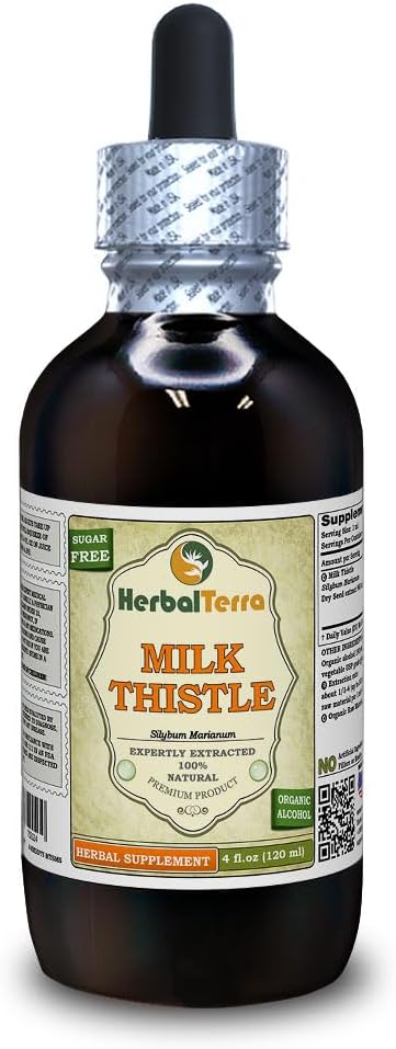 Mléko Thistle (Silybum Marianum) Tinktura, Organic Sured Seeds Liquid Extract (Značka: HerbalTerra, Proroudly Made in USA) 4 fl.oz (120 ml)