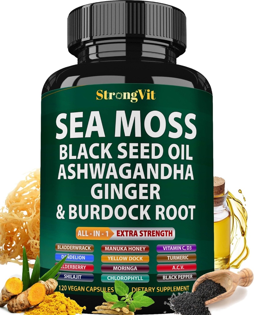 Sea Moss Black Seed Oil Ashwagandha Ginger, Organic Sea Moss Kapsle s Burdock Root, Irish Seamoss Pills with Bladderwrack, Turmeric, Shilajit, Multiminerální doplněk, USA (120 Kapsle)