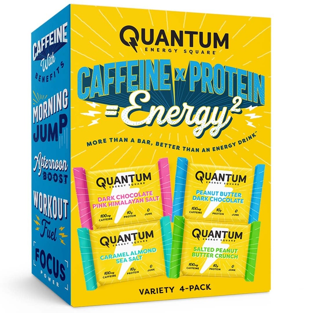 Quantum Energy Square - Energetický bar s kofeinem a 10g proteinem, zdravý snack on the Go - Vegan, gluten- Free, Soy & Dairy- Free - Variety 4-Pack