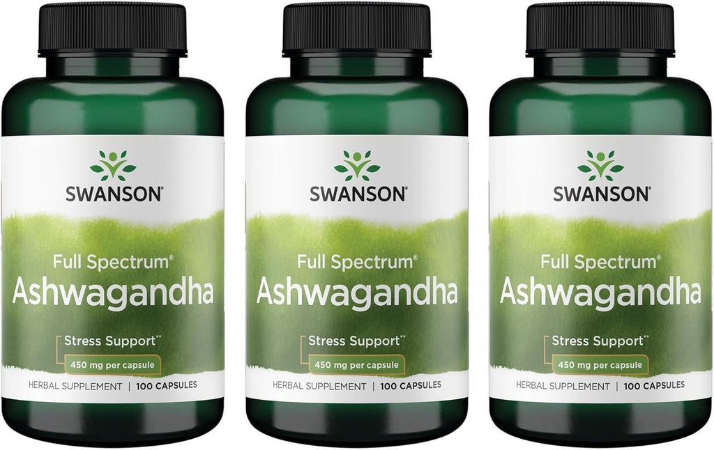 Swanson Ashwagandha Powder Supplement- Ashwagandha Root Promoting Stress Relief & Energy Supplement for Natural Wellness (100 Kapsle, 450mg každý) 3 Pack