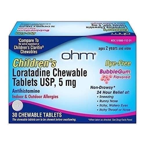 Ohm Dětské Lóry Žvýkací, Barvení zdarma, Bubblegum, Non- Drowsy 24h Relief z kýchání, Runny Nose, Watery Eyes, Itchy Throat nebo Nose, Antihistamin, Indoor & Outdoor Alergie, 5mg, 30 tablet