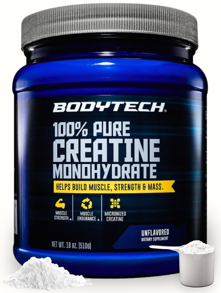 BODYTECH 100% čistý monohydrát kreatinu prášek - Premium mikronizovaný kreatin pro zvýšenou svalovou sílu a výkon - podporuje svaly, zotavení a zvýšené cvičení (18oz / 102 Servings)