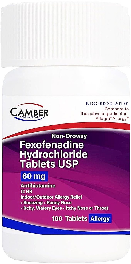 Camber Non- Drowsy Fexofenadine Antihistamin Krytý venkovní alergie Relief tablety 60Mg 100 Počet