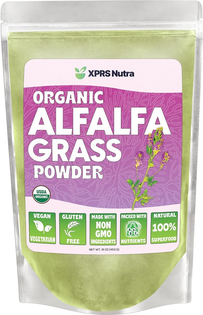 XPRS Nutra Organic Alfalfa Powder - Premium Vegan dodatek bohatý na vápník, antioxidanty, vitaminy - dodatek pro zemědělce pro děti a dospělé - Vegan Friendly Alfalfa Leaf (16 Ounce)